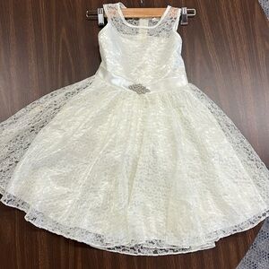 Miss Ivory White Lace Flower Girl Dress with Ribbon & Silver Pin